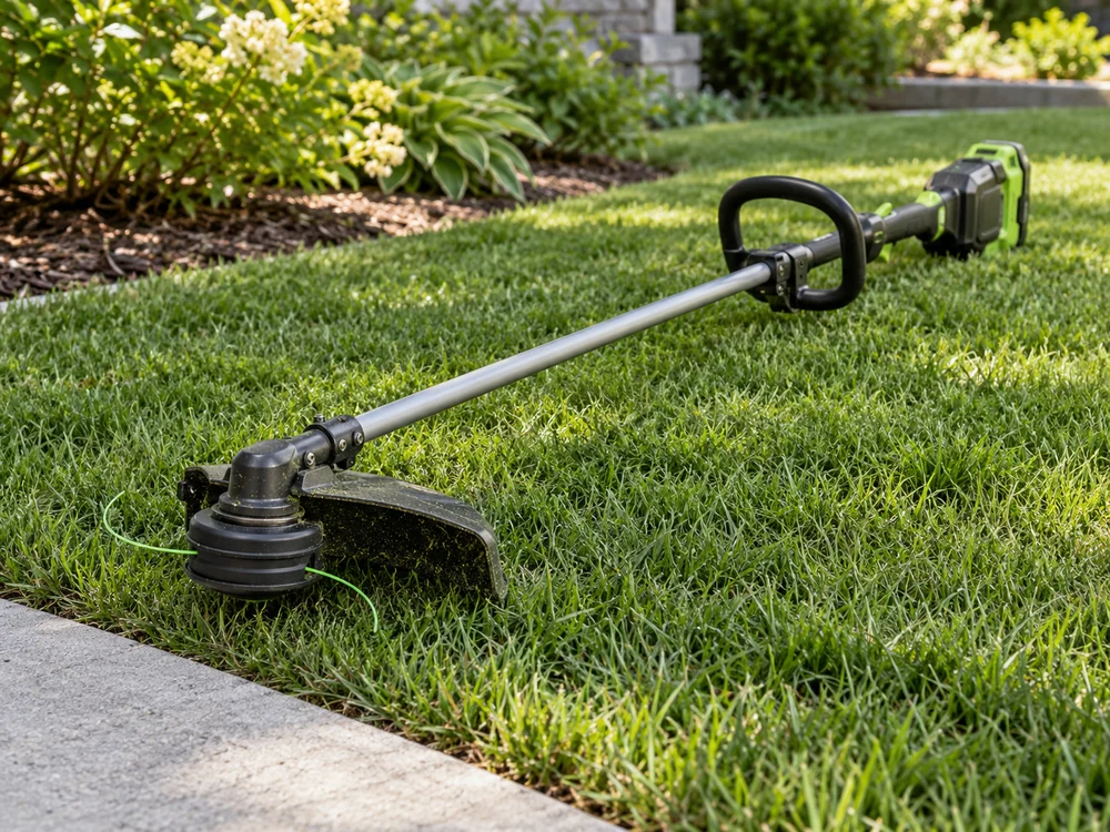 A string trimmer resting on green grass beside a lawn edge